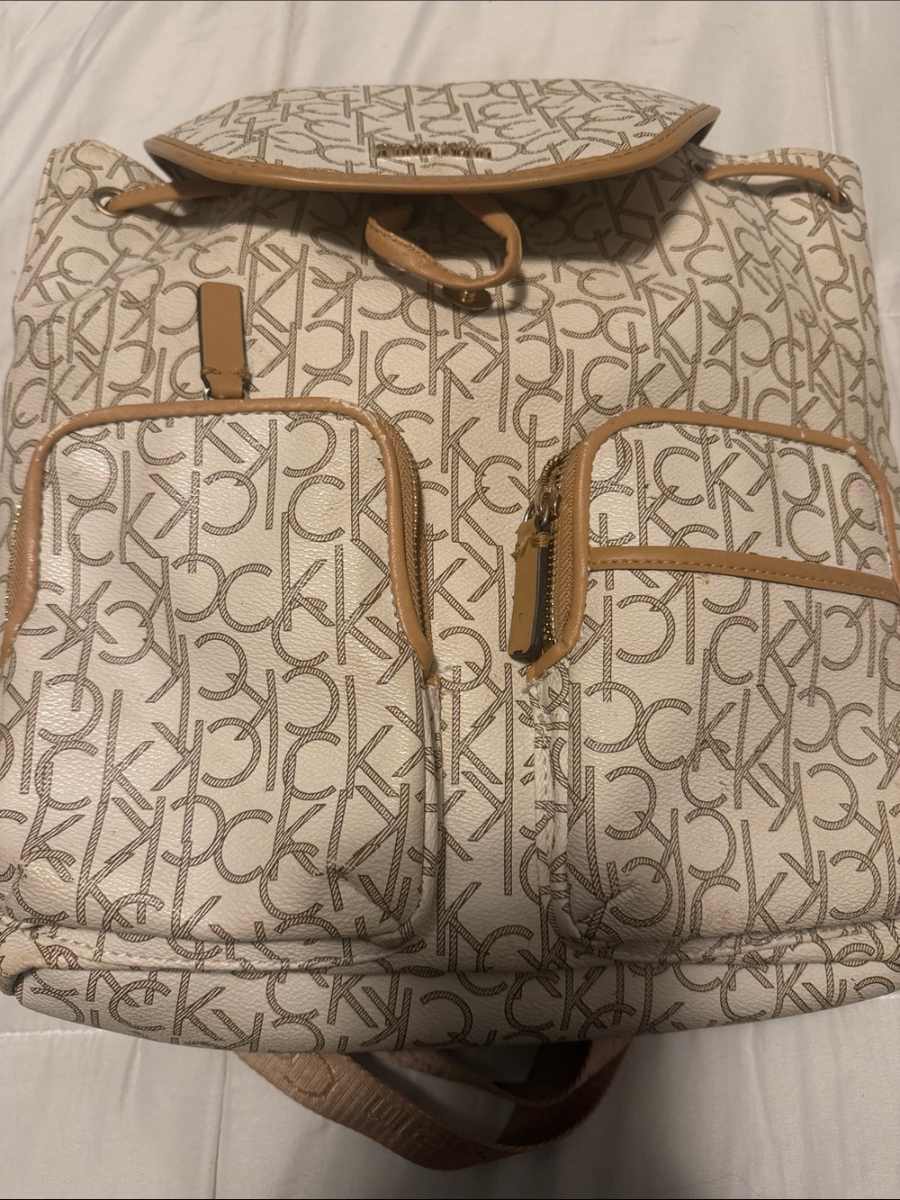 Calvin Klein White & Tan Logo Canvas Backpack